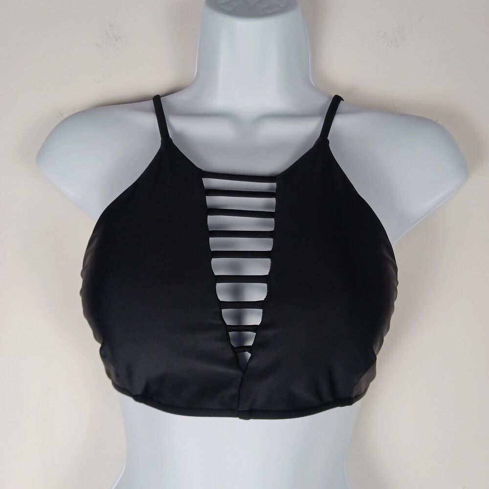 Beach Babe Swim Top Women's Size M Black Strappy Removable Pads